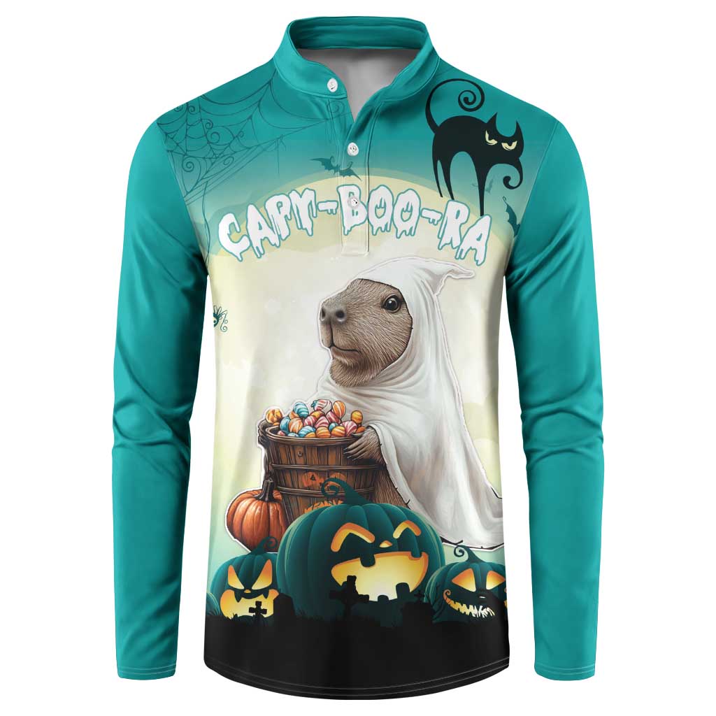 Teal button-up sweatshirt with capybara illustration and spooky Halloween graphics
