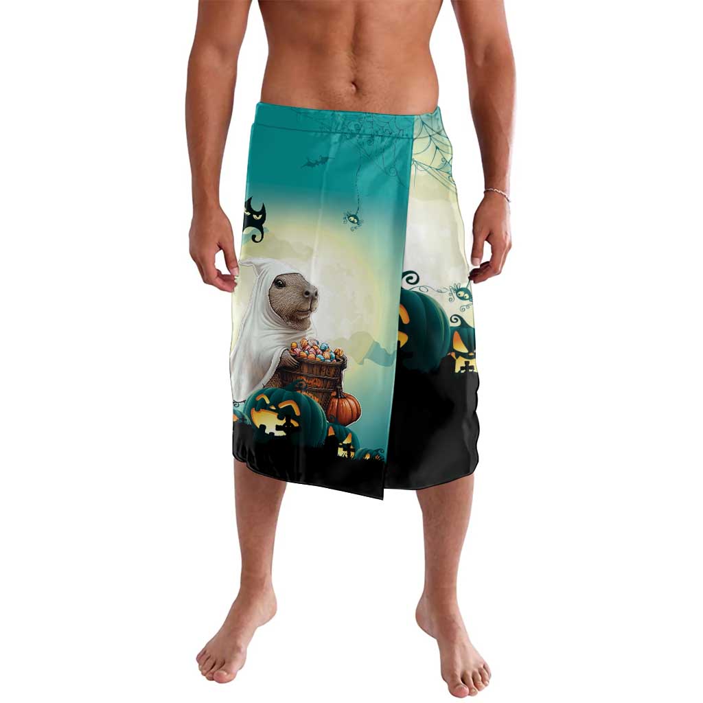 Men's green graphic swim shorts with pumpkins, witch cat, and skull