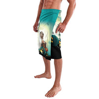 Men's green-and-black Halloween swim shorts, side view with pumpkin scene