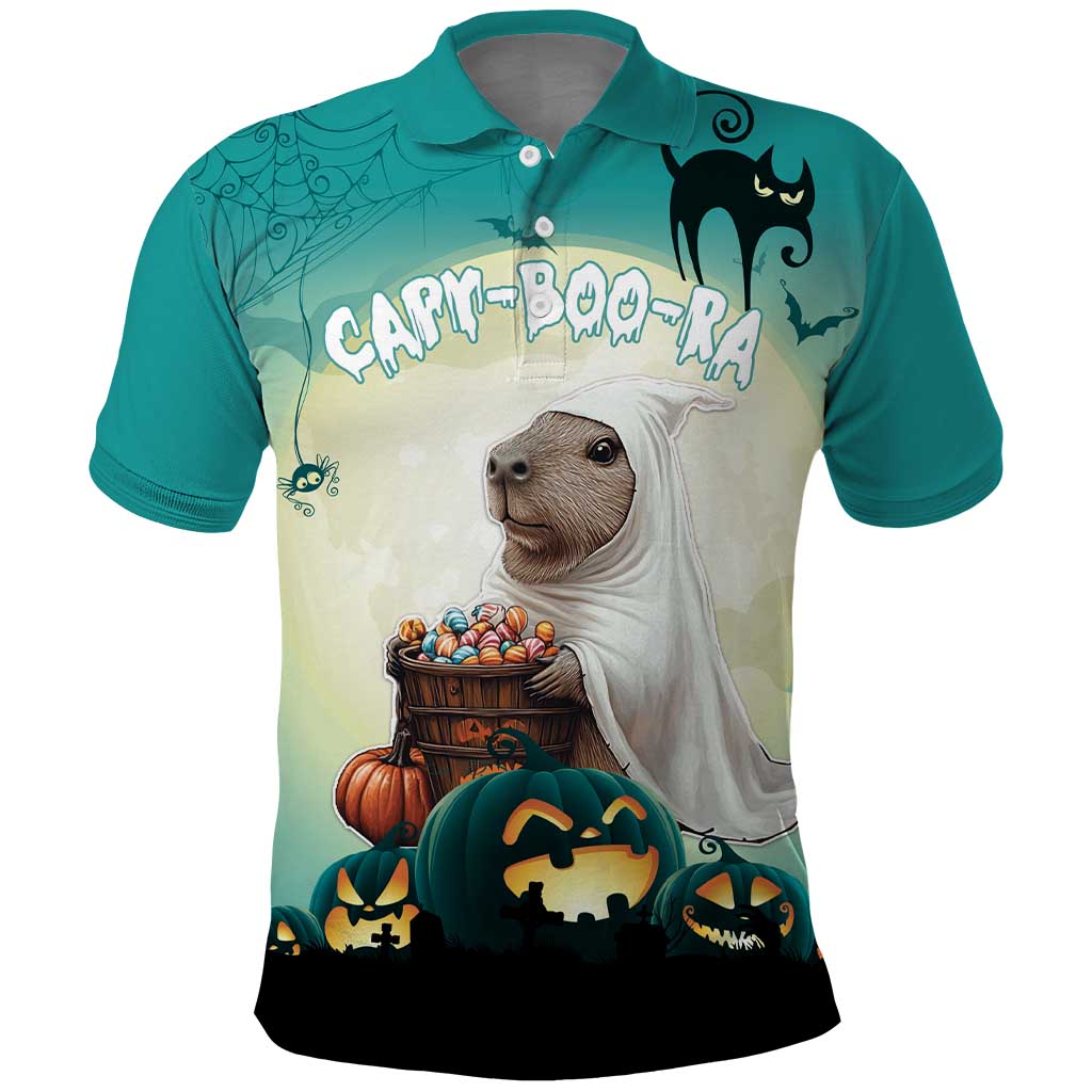 Green Halloween polo shirt, hooded dog graphic with pumpkins and bats, button placket