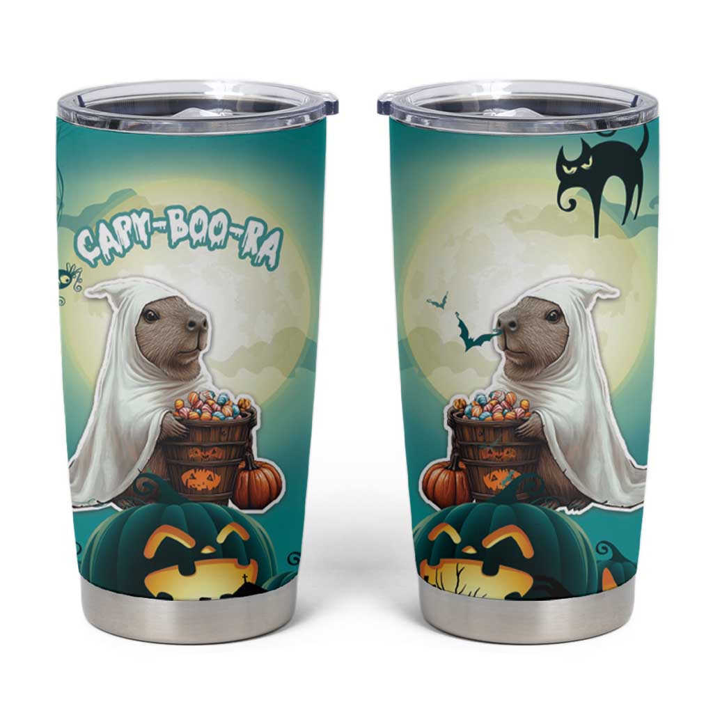 Green Halloween tumbler with clear lid, capybara ghost holding candy pumpkin graphic