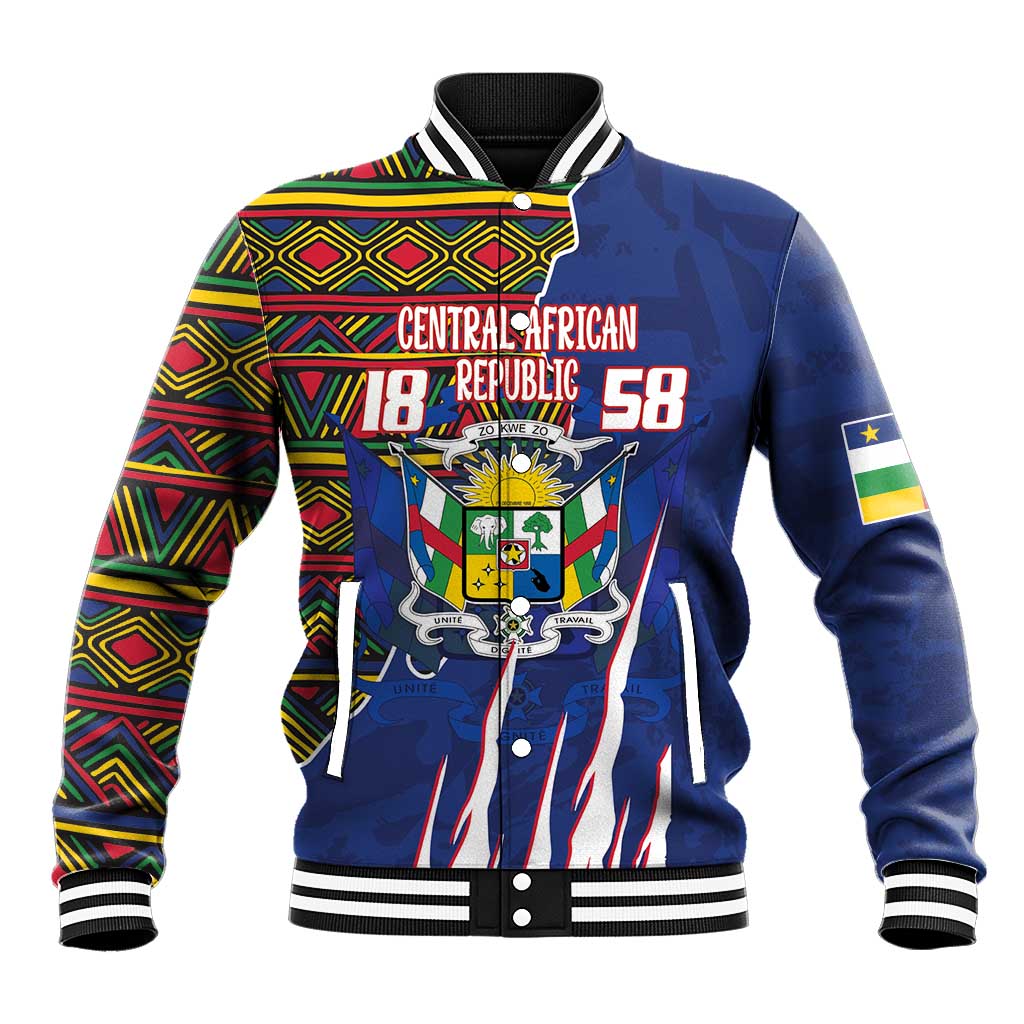 Blue baseball jacket with striped ribbed collar, Kente side panels, and emblem graphic