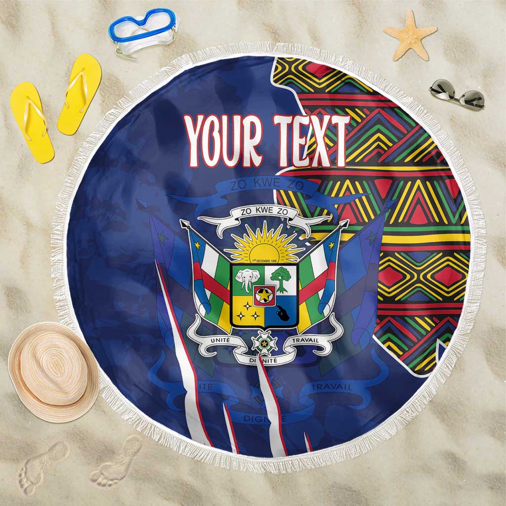 Round blue beach blanket with fringe, Central African Republic crest and custom text