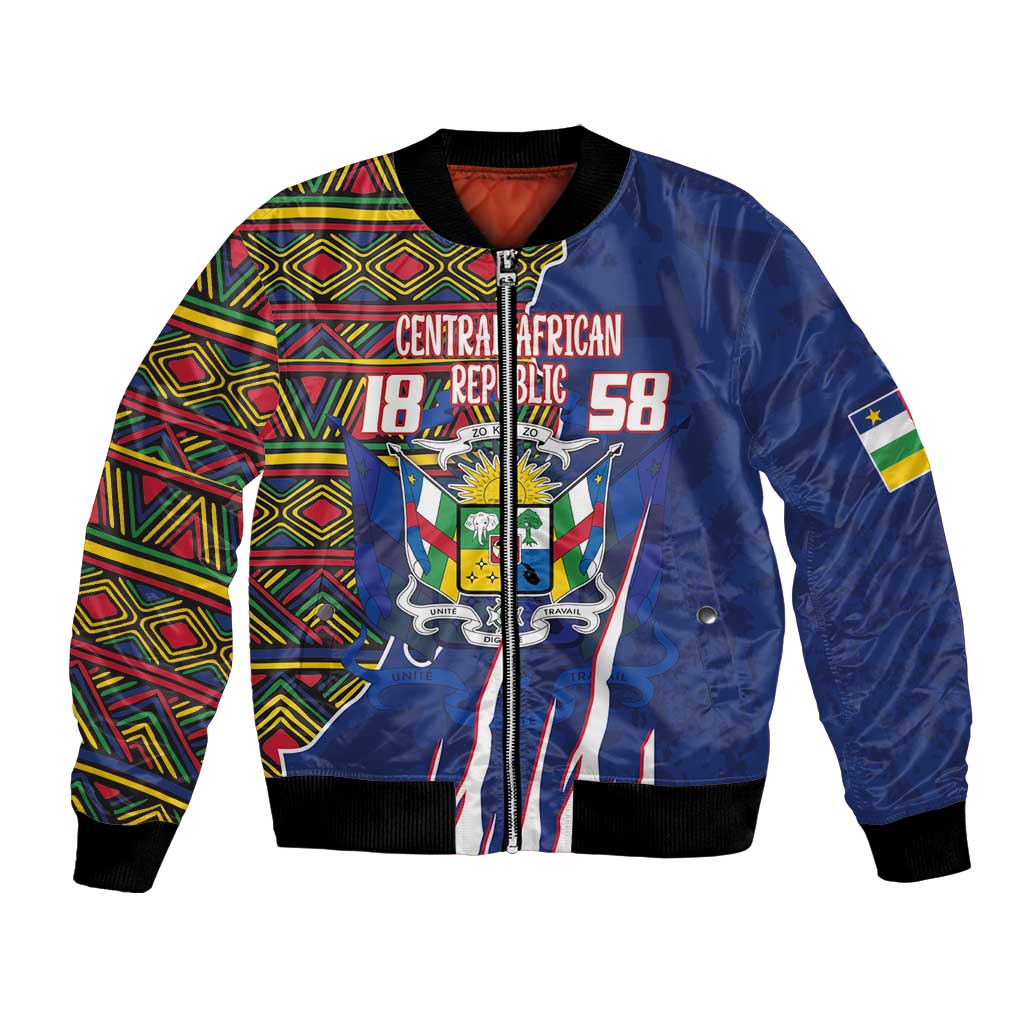 Blue bomber jacket with zip front, Central African crest, multicolor kente-pattern sleeves