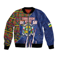 Blue bomber jacket with zip front, Central African crest, multicolor kente-pattern sleeves