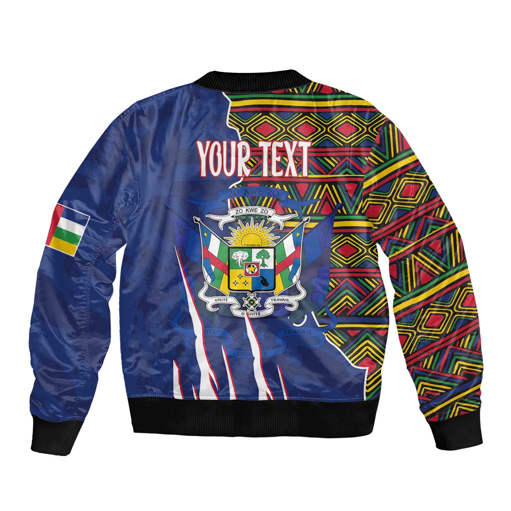 Blue bomber jacket back with crest graphic and multicolor kente-pattern panels