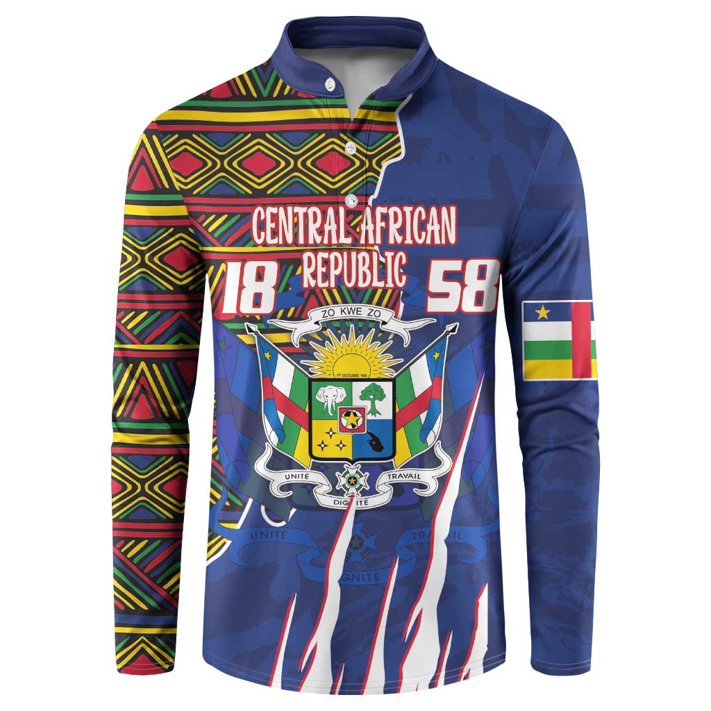 Blue button-up sweatshirt coat with coat of arms and Kente-pattern sleeves