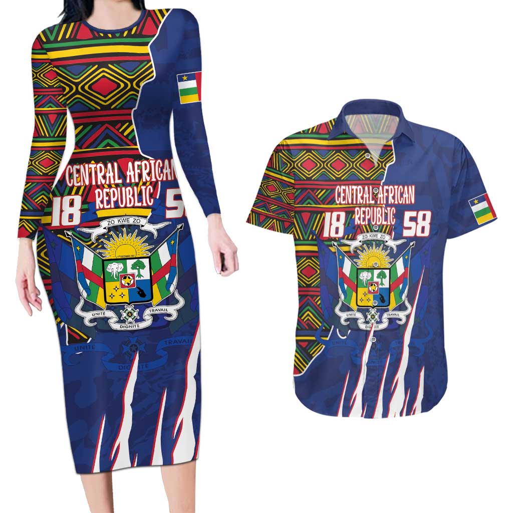 Personalized Central African Republic Since 1958 Couples Matching Long Sleeve Bodycon Dress and Hawaiian Shirt Coat Of Arms With Kente Pattern - Wonder Print Shop