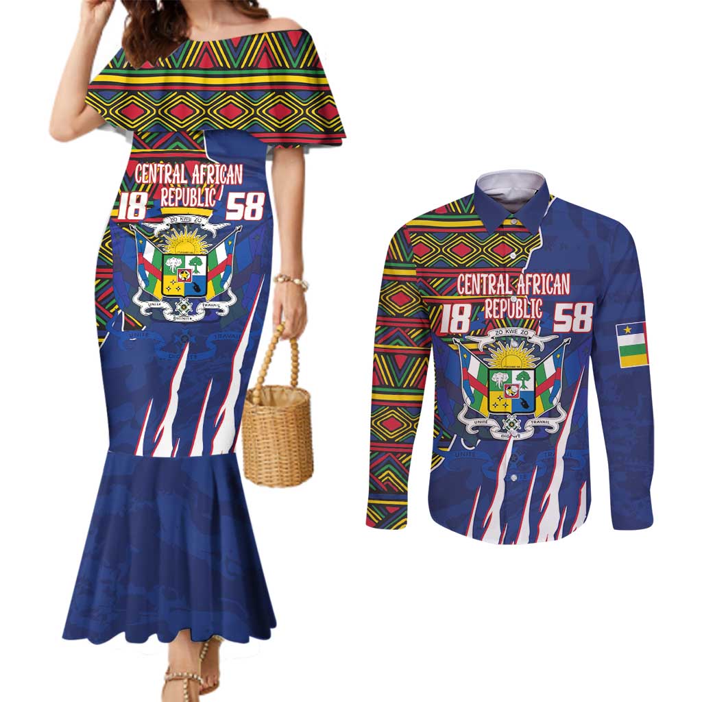 Personalized Central African Republic Since 1958 Couples Matching Mermaid Dress and Long Sleeve Button Shirt Coat Of Arms With Kente Pattern