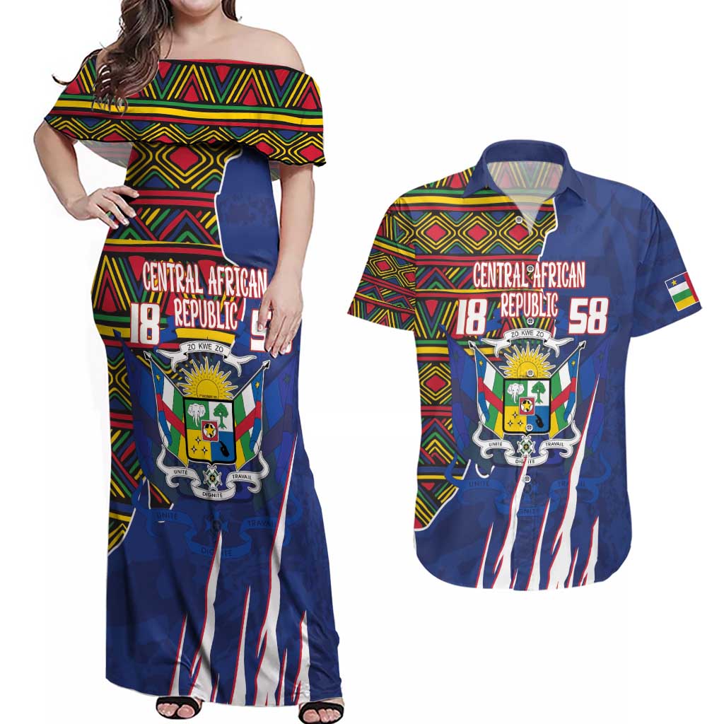 Personalized Central African Republic Since 1958 Couples Matching Off Shoulder Maxi Dress and Hawaiian Shirt Coat Of Arms With Kente Pattern - Wonder Print Shop