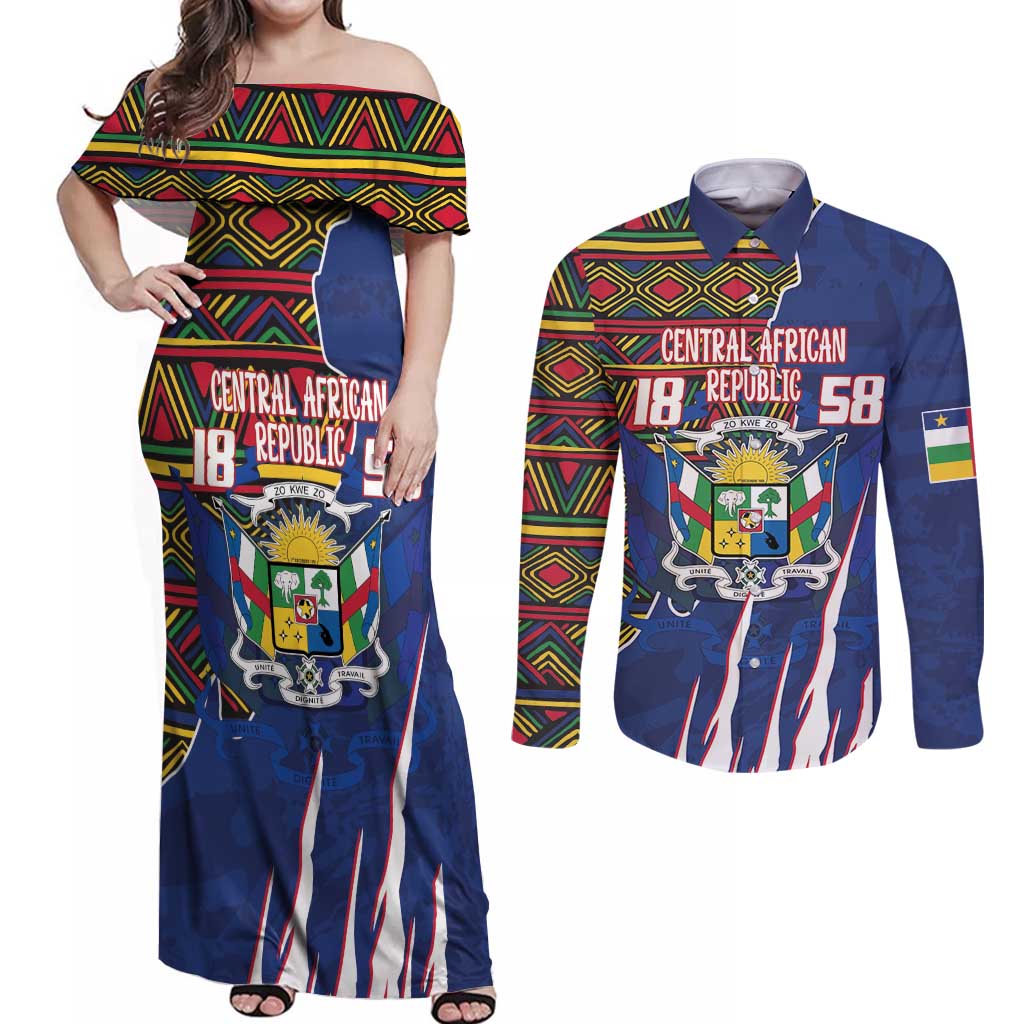 Personalized Central African Republic Since 1958 Couples Matching Off Shoulder Maxi Dress and Long Sleeve Button Shirt Coat Of Arms With Kente Pattern - Wonder Print Shop