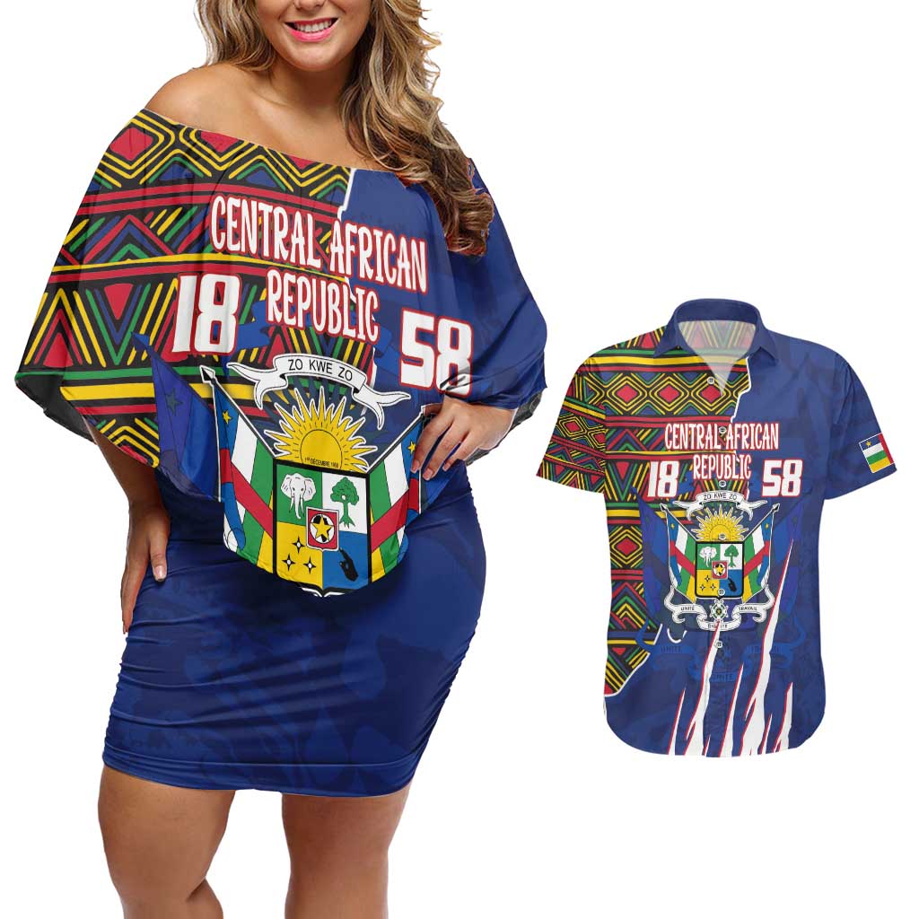 Personalized Central African Republic Since 1958 Couples Matching Off Shoulder Short Dress and Hawaiian Shirt Coat Of Arms With Kente Pattern - Wonder Print Shop