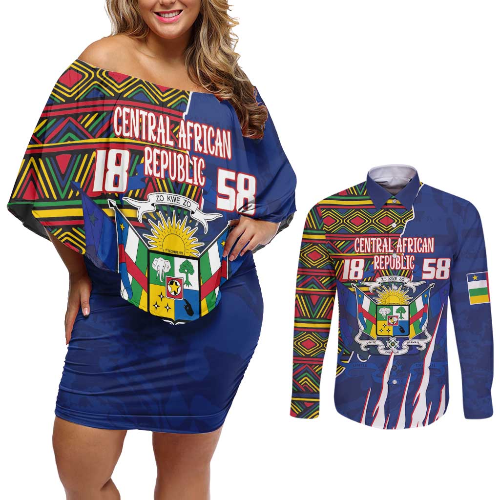 Personalized Central African Republic Since 1958 Couples Matching Off Shoulder Short Dress and Long Sleeve Button Shirt Coat Of Arms With Kente Pattern - Wonder Print Shop