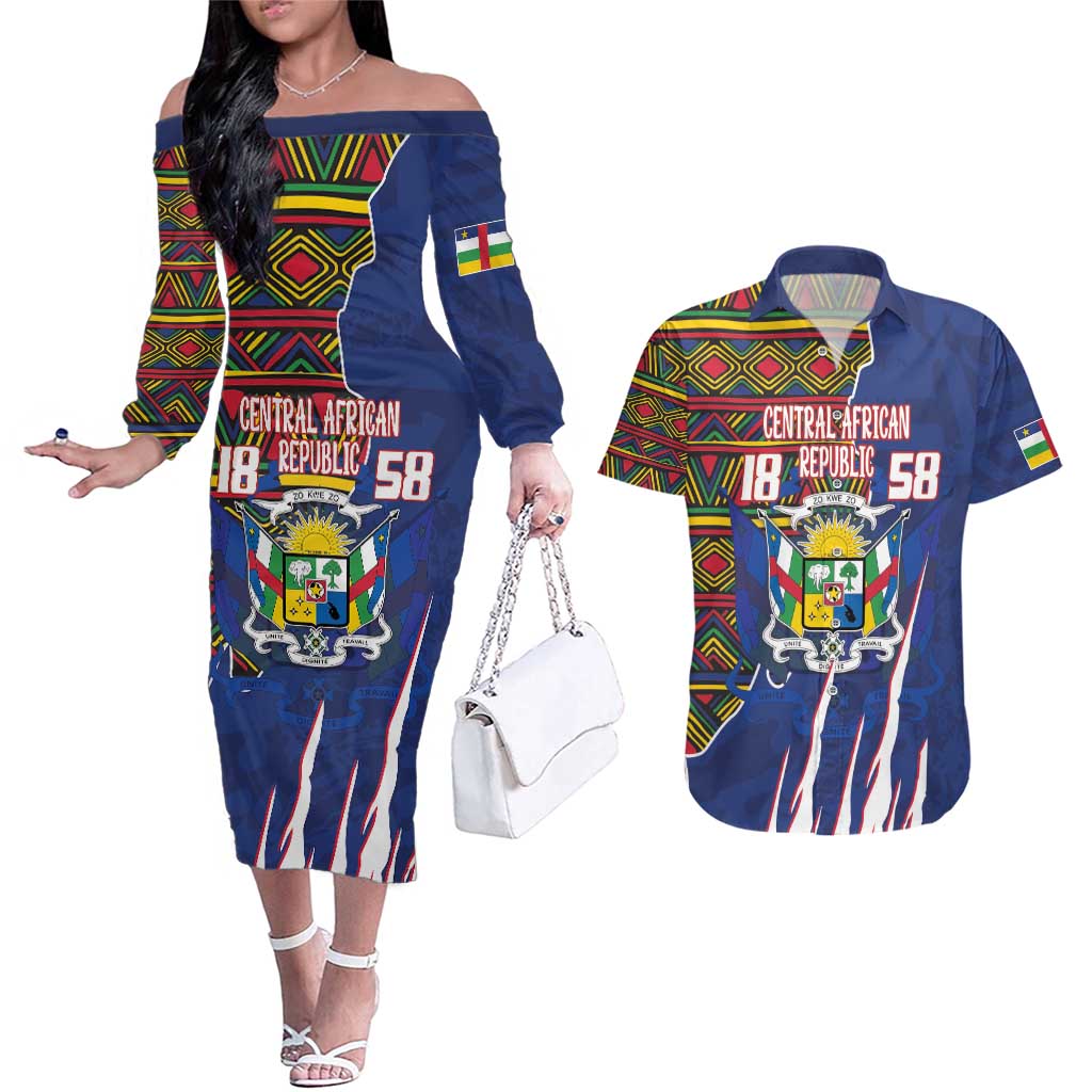 Personalized Central African Republic Since 1958 Couples Matching Off The Shoulder Long Sleeve Dress and Hawaiian Shirt Coat Of Arms With Kente Pattern - Wonder Print Shop