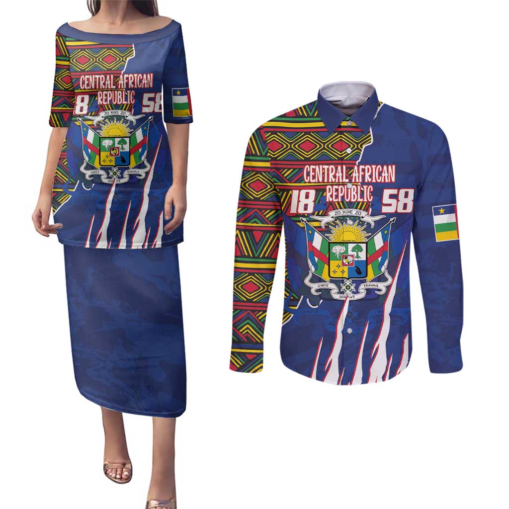 Personalized Central African Republic Since 1958 Couples Matching Puletasi and Long Sleeve Button Shirt Coat Of Arms With Kente Pattern - Wonder Print Shop