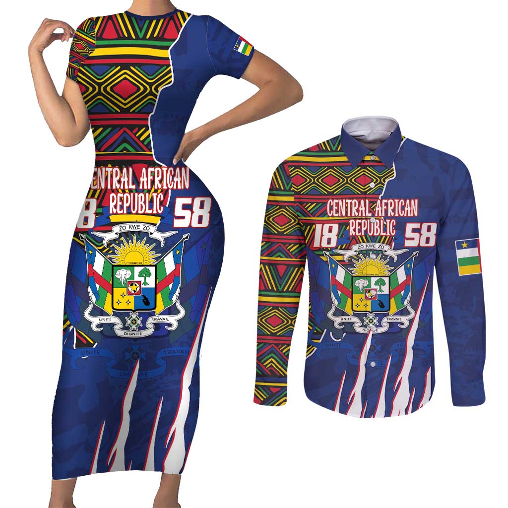 Personalized Central African Republic Since 1958 Couples Matching Short Sleeve Bodycon Dress and Long Sleeve Button Shirt Coat Of Arms With Kente Pattern - Wonder Print Shop