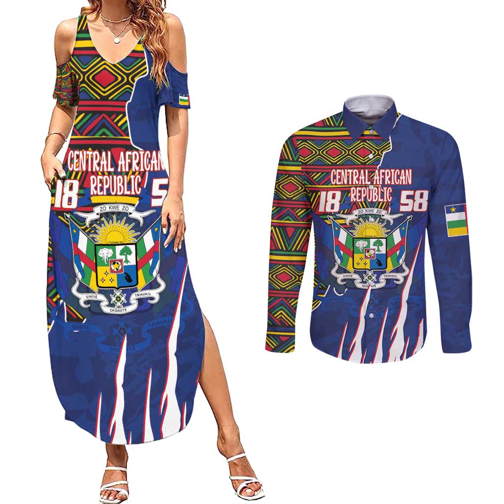 Personalized Central African Republic Since 1958 Couples Matching Summer Maxi Dress and Long Sleeve Button Shirt Coat Of Arms With Kente Pattern - Wonder Print Shop