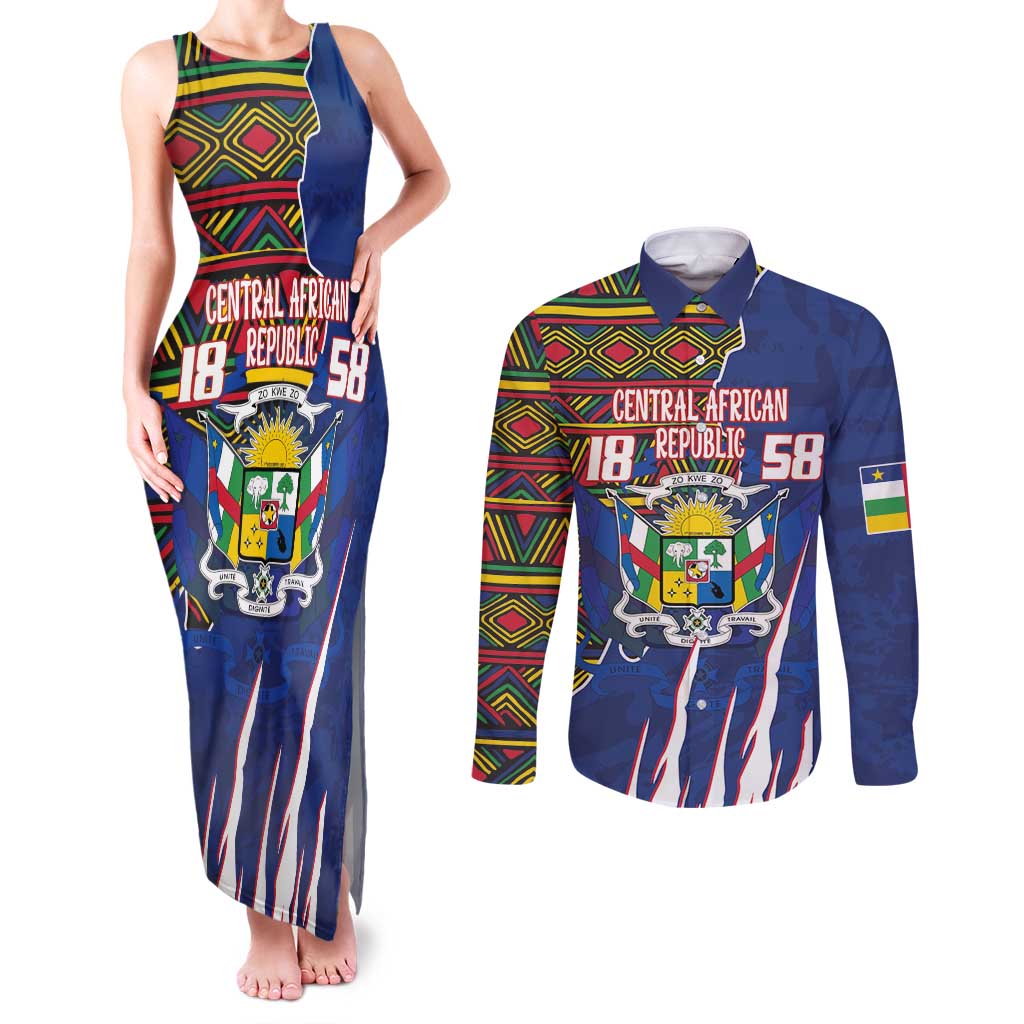 Personalized Central African Republic Since 1958 Couples Matching Tank Maxi Dress and Long Sleeve Button Shirt Coat Of Arms With Kente Pattern - Wonder Print Shop