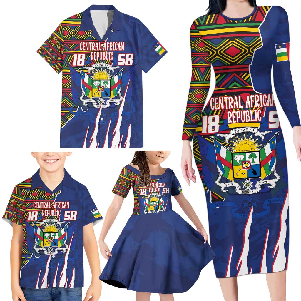 Personalized Central African Republic Since 1958 Family Matching Long Sleeve Bodycon Dress and Hawaiian Shirt Coat Of Arms With Kente Pattern - Wonder Print Shop