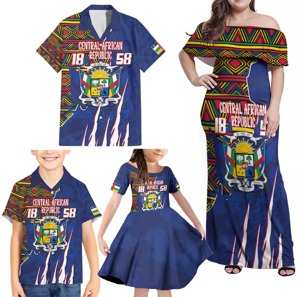 Personalized Central African Republic Since 1958 Family Matching Off Shoulder Maxi Dress and Hawaiian Shirt Coat Of Arms With Kente Pattern - Wonder Print Shop