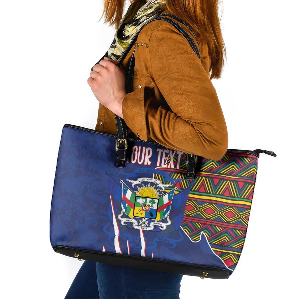 Personalized Central African Republic Since 1958 Leather Tote Bag Coat Of Arms With Kente Pattern - Wonder Print Shop