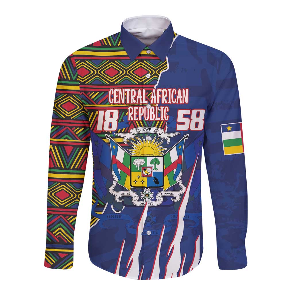Blue long sleeve button shirt with central crest and Kente pattern panel