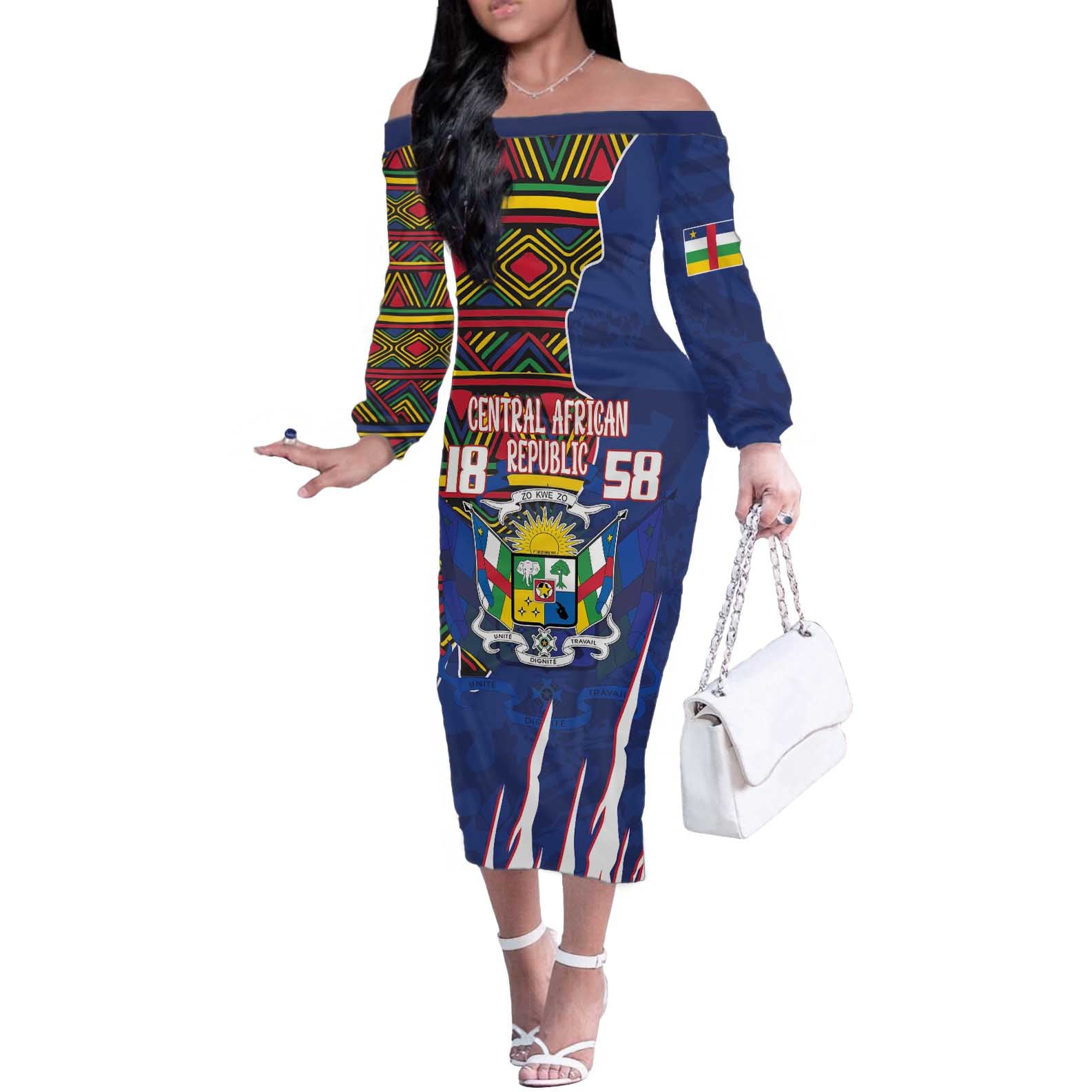 Personalized Central African Republic Since 1958 Off The Shoulder Long Sleeve Dress Coat Of Arms With Kente Pattern - Wonder Print Shop