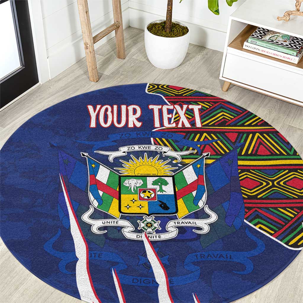 Blue round rug with Central African Republic coat of arms, kente border, and 'YOUR TEXT'.