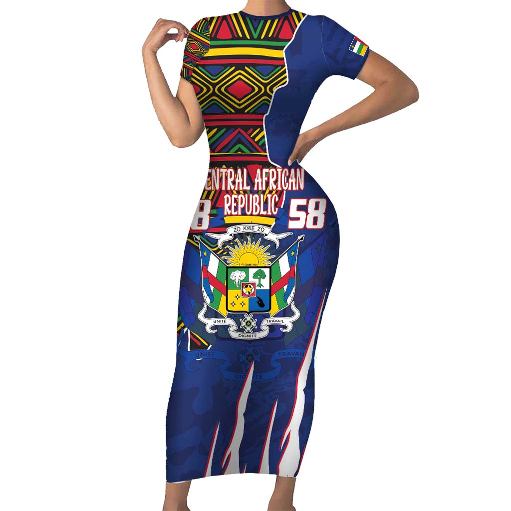 Personalized Central African Republic Since 1958 Short Sleeve Bodycon Dress Coat Of Arms With Kente Pattern - Wonder Print Shop