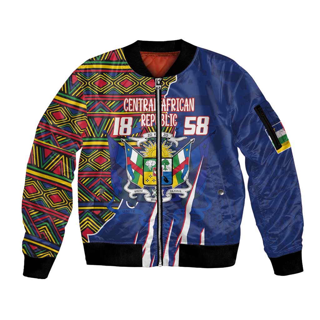 Personalized Central African Republic Since 1958 Sleeve Zip Bomber Jacket Coat Of Arms With Kente Pattern - Wonder Print Shop