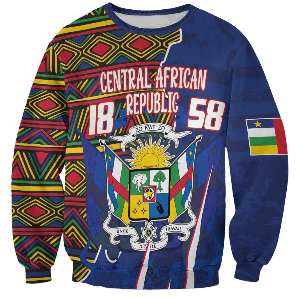 Blue crewneck sweatshirt with Central African crest and colorful kente-style trim