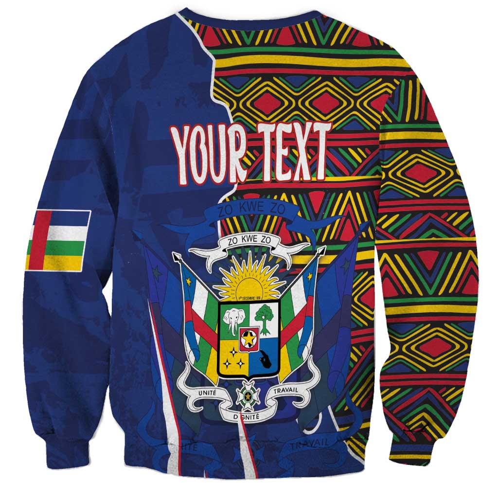 Blue crewneck sweatshirt back with crest, kente pattern bands, and YOUR TEXT