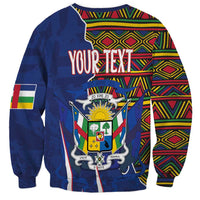 Blue crewneck sweatshirt back with crest, kente pattern bands, and YOUR TEXT