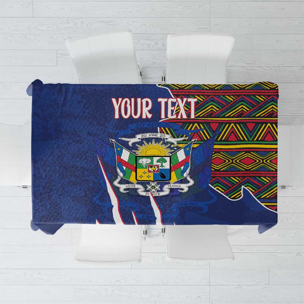 Personalized blue tablecloth with Central African crest and colorful Kente border, “Your Text”