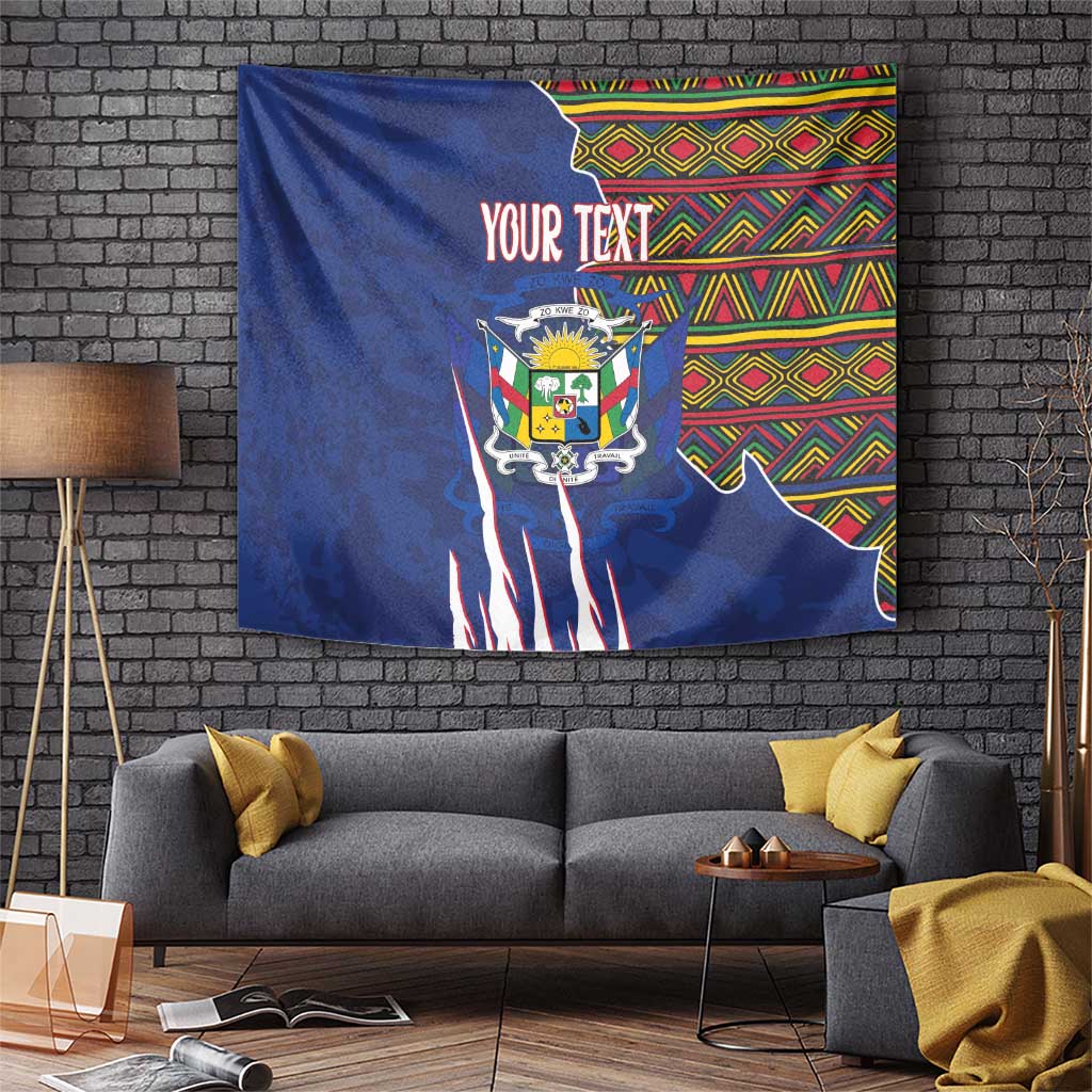 Personalized blue tapestry coat of arms with colorful Kente pattern border, custom text.