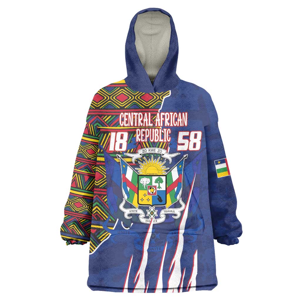 Personalized Central African Republic Since 1958 Wearable Blanket Hoodie Coat Of Arms With Kente Pattern - Wonder Print Shop