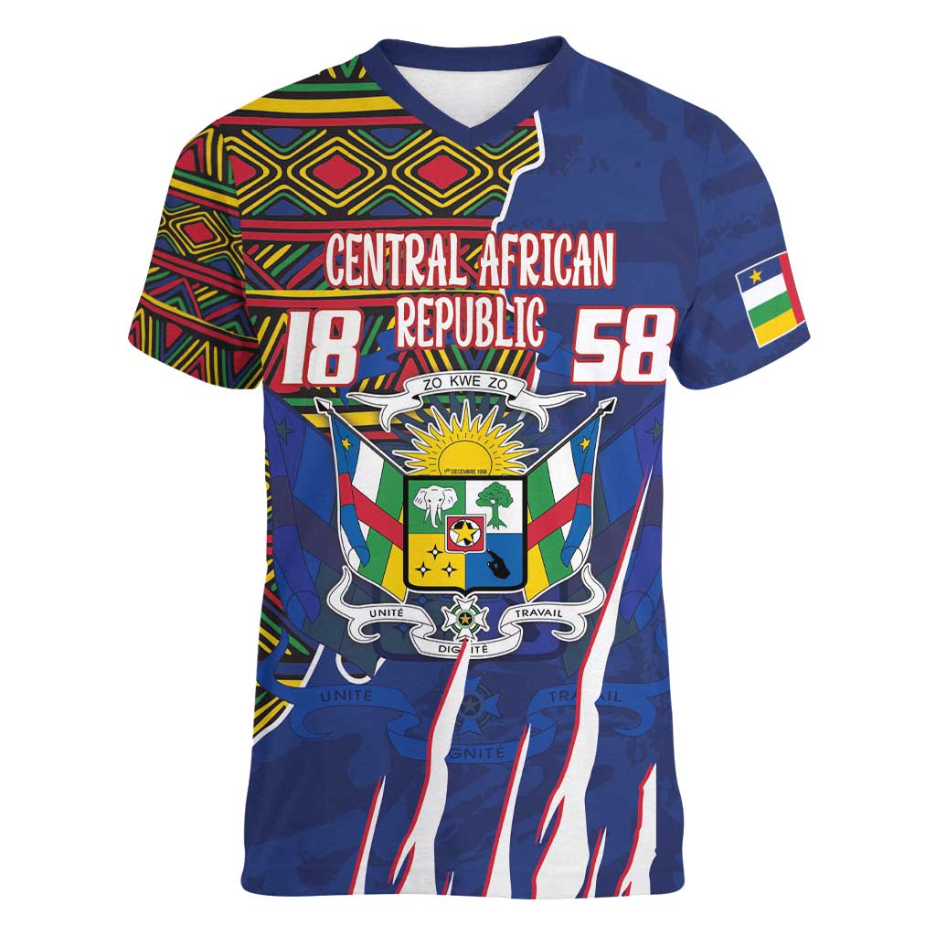 Personalized Central African Republic Since 1958 Women V-Neck T-Shirt Coat Of Arms With Kente Pattern - Wonder Print Shop