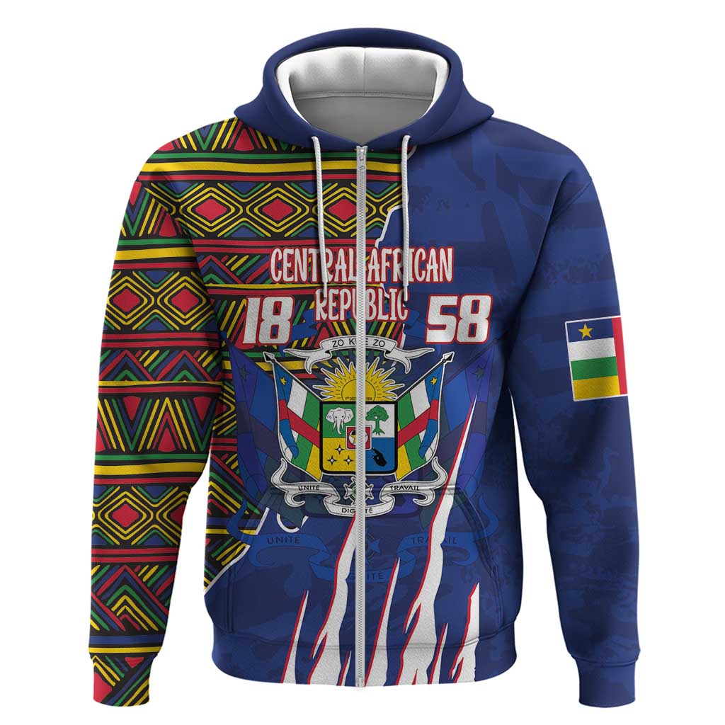 Personalized Central African Republic Since 1958 Zip Hoodie Coat Of Arms With Kente Pattern - Wonder Print Shop