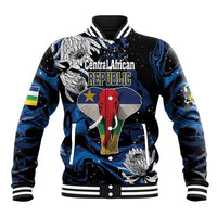 Black baseball jacket with colorful elephant graphic and Central African Republic text