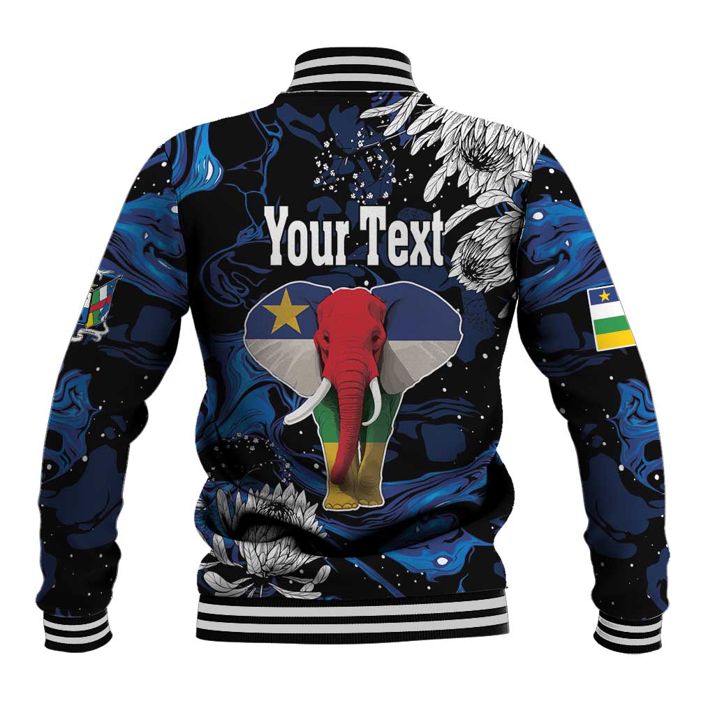 Black baseball jacket with elephant graphic, blue waves, and YourText on back