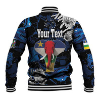 Black baseball jacket with elephant graphic, blue waves, and YourText on back