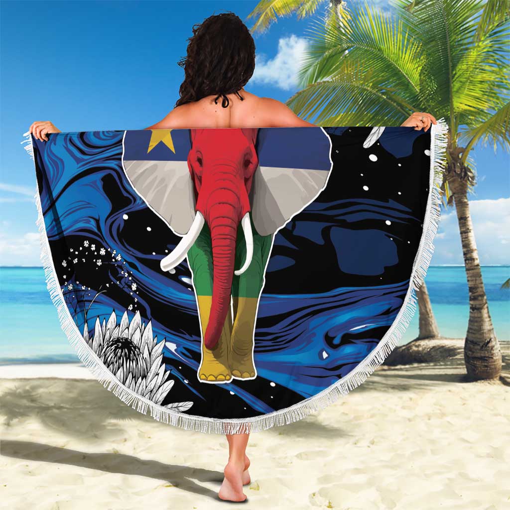 Round beach blanket with fringe, elephant graphic and star on blue wave pattern