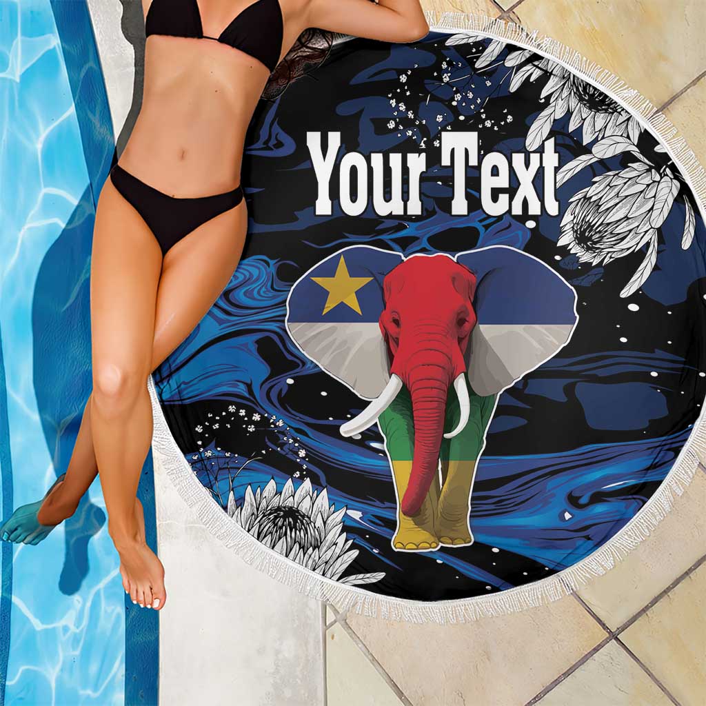 Round beach blanket with fringe, black blue elephant print and 'Your Text' by poolside