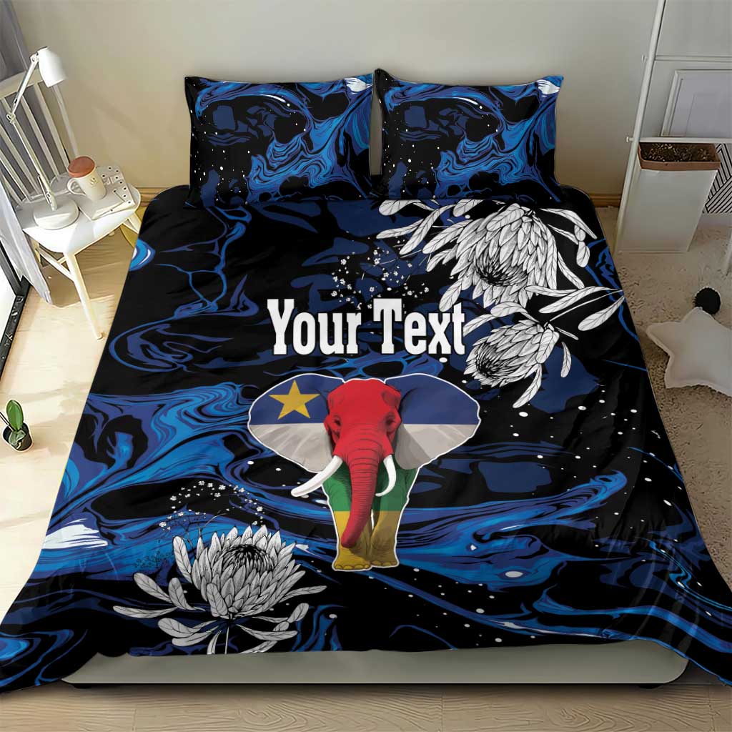 King bedding set: blue-black elephant design with protea flowers, custom text, two pillowcases