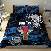 King bedding set: blue-black elephant design with protea flowers, custom text, two pillowcases