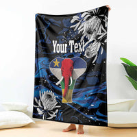 Personalized blanket for king bed, blue and black elephant design with Your Text and flowers