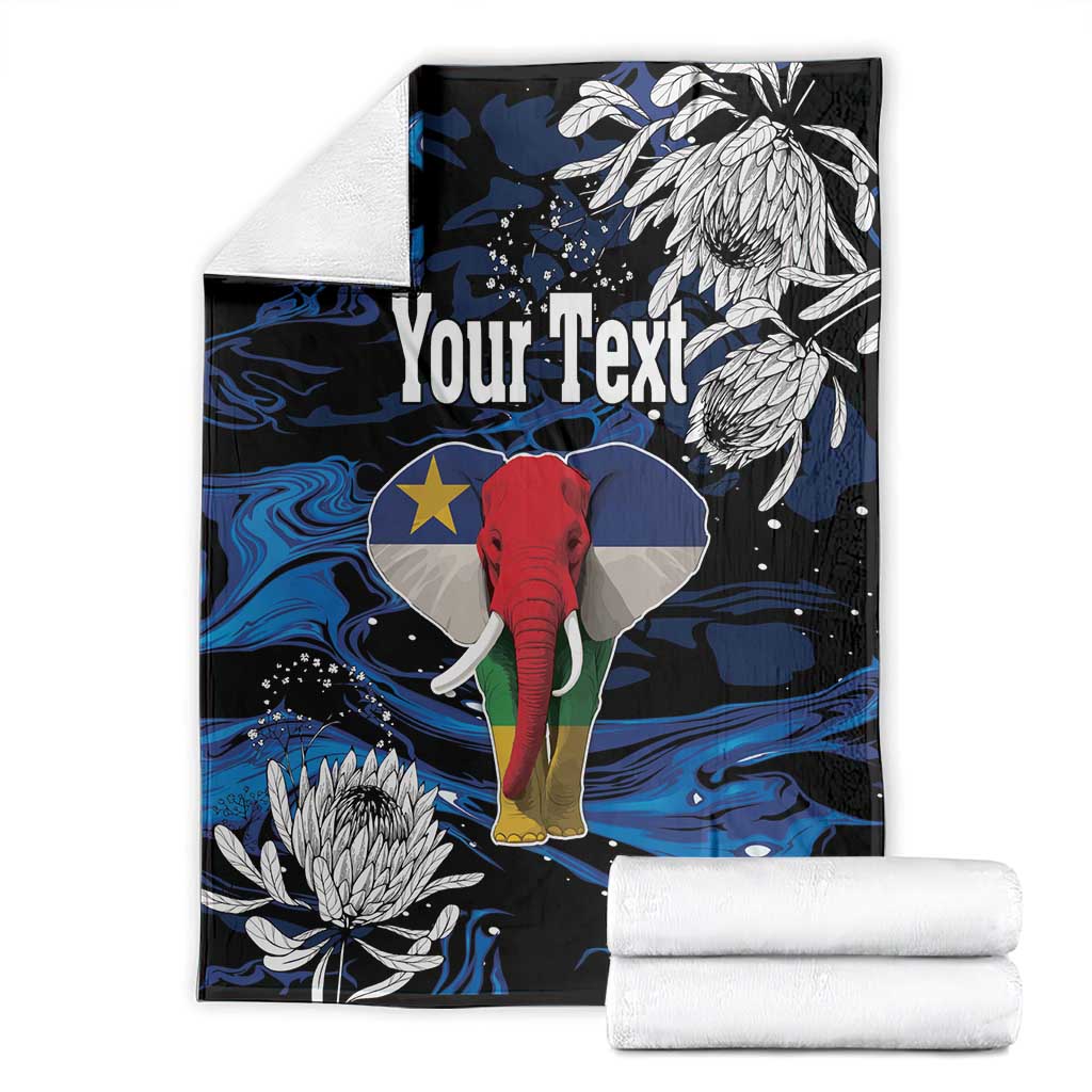 Personalized blanket, black and blue elephant graphic with white floral accents, Your Text