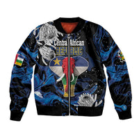 Black bomber jacket with colorful elephant and Central African Republic graphic, ribbed cuffs