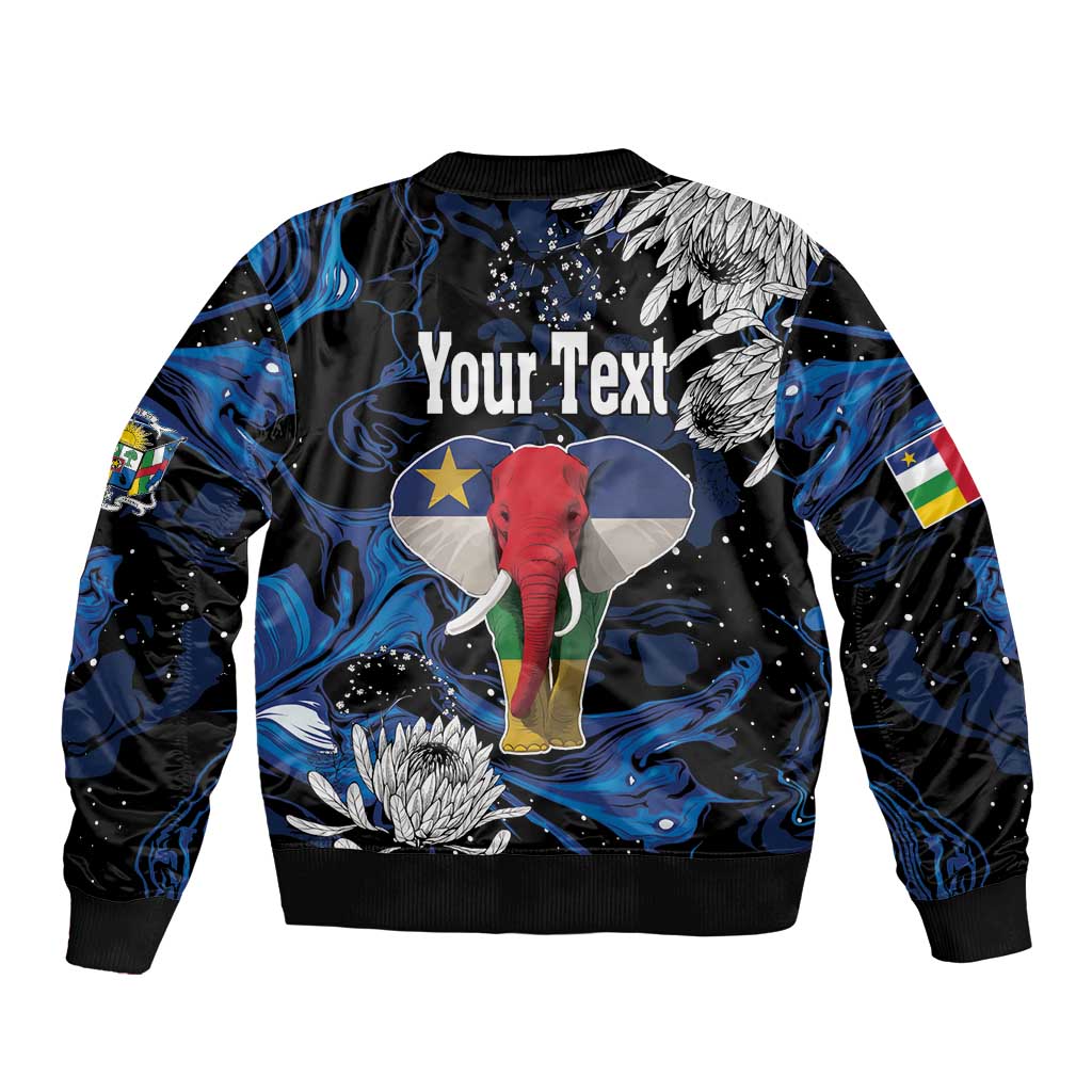 Black bomber jacket with elephant graphic, blue abstract pattern, ribbed hem and cuffs