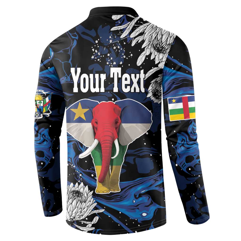 Men's button-front sweatshirt back with elephant, protea, and 'Your Text' panel